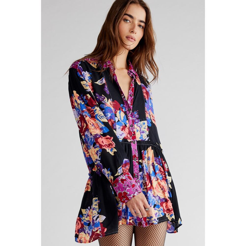 Free People Brunch a Bunch Woven Floral Long Sleeve Top Black Size M